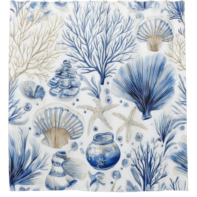 Blue Coastal Toile Seashell Coral Pattern (2) (Front)