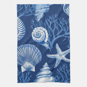 Blue Coastal Toile Seashell Coral Pattern (2) Kitchen Towel