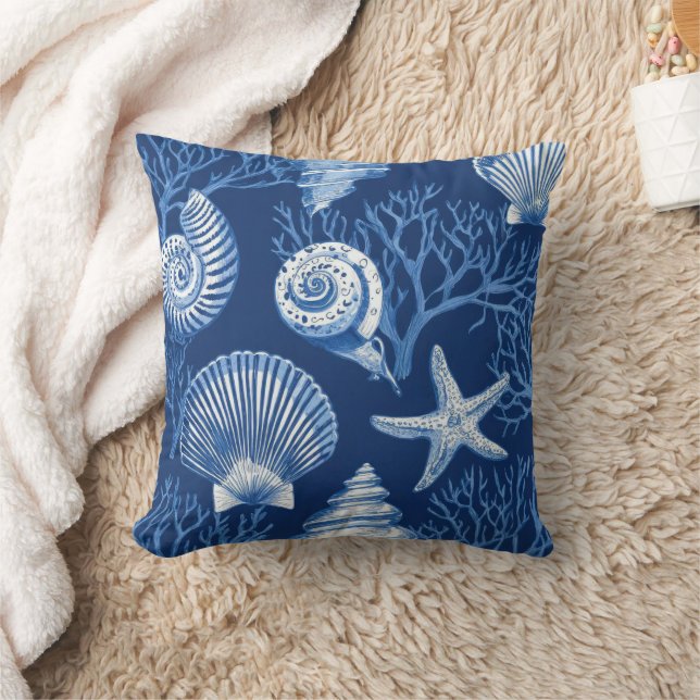 Blue Coastal Toile Seashell Coral Pattern (2) Throw Pillow (Blanket)
