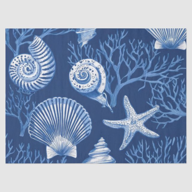 Blue Coastal Toile Seashell Coral Pattern (2) Tissue Paper (Front)