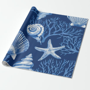 Blue Coastal Toile Seashell Coral Pattern (2) Wrapping Paper