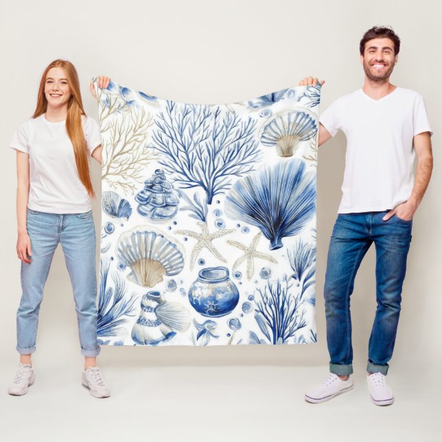 Blue Coastal Toile Seashell Coral Pattern (3) Fleece Blanket (In Situ)