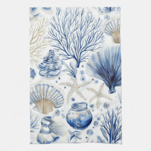 Blue Coastal Toile Seashell Coral Pattern (3) Kitchen Towel