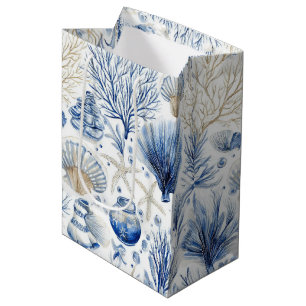 Blue Coastal Toile Seashell Coral Pattern (3) Medium Gift Bag