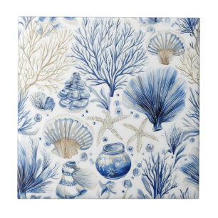Blue Coastal Toile Seashell Coral Pattern (3) Tile