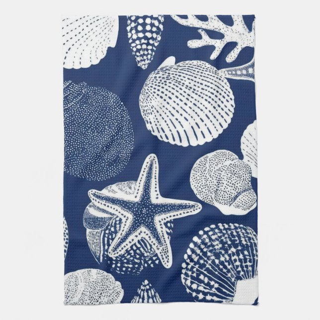 Blue Coastal Toile Seashell Coral Pattern (4) Kitchen Towel (Vertical)