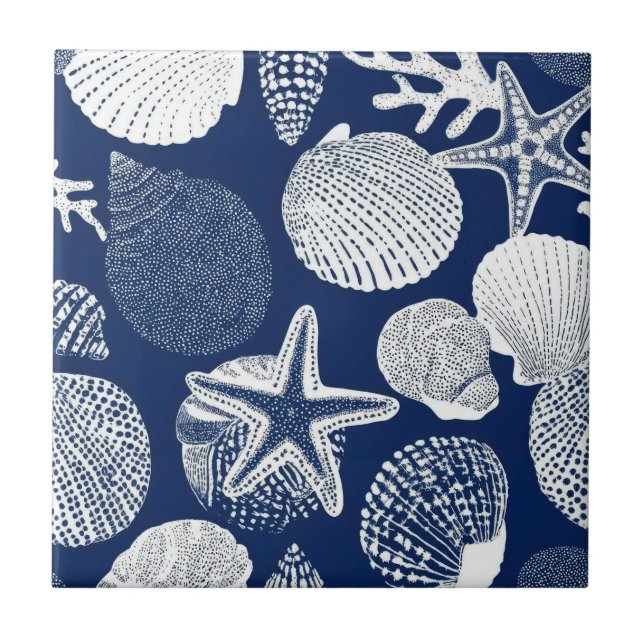 Blue Coastal Toile Seashell Coral Pattern (4) Tile (Front)
