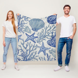 Blue Coastal Toile Seashell Coral Pattern Fleece Blanket