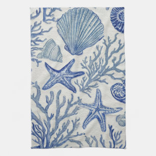 Blue Coastal Toile Seashell Coral Pattern Kitchen Towel