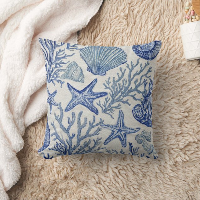 Blue Coastal Toile Seashell Coral Pattern Throw Pillow (Blanket)