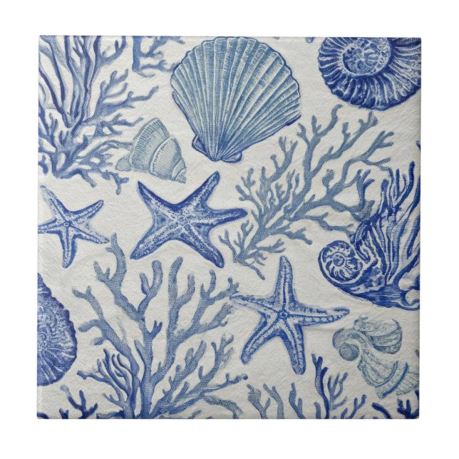 Blue Coastal Toile Seashell Coral Pattern Tile (Front)