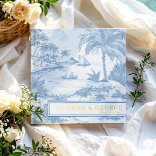 Blue Coastal Toile Wedding Gold Foil Luxury Guest Book