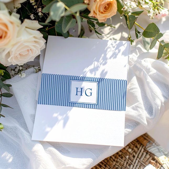 Blue Coastal Toile Wedding Monogram Invitation Belly Band (Creator Uploaded)