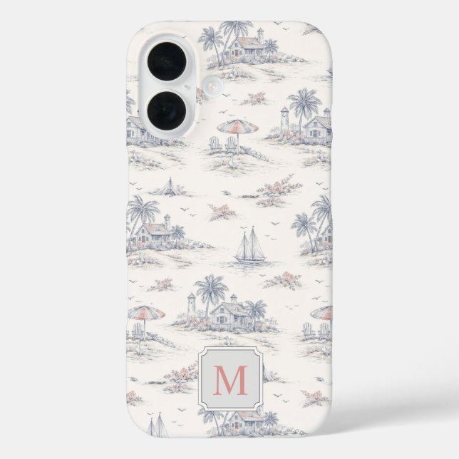 Blue Coastal Tropical French Toile Monogram Case-Mate iPhone Case (Back)
