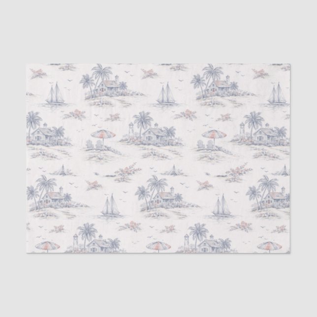 Blue Coastal Tropical French Toile Pattern Tissue Paper (Front)