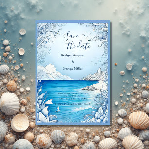 blue coastal vibe wedding safe the date Invitation