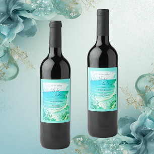 blue coastal vibe wedding wine label