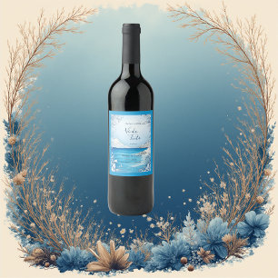 blue coastal vibe wedding wine label