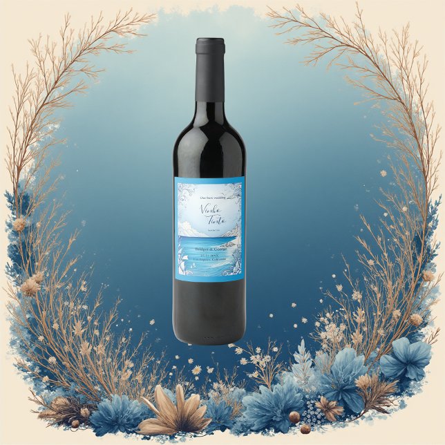 blue coastal vibe wedding wine label (Creator Uploaded)