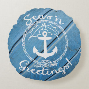 Blue Coastal Wood   Seas 'n Greetings Round Pillow