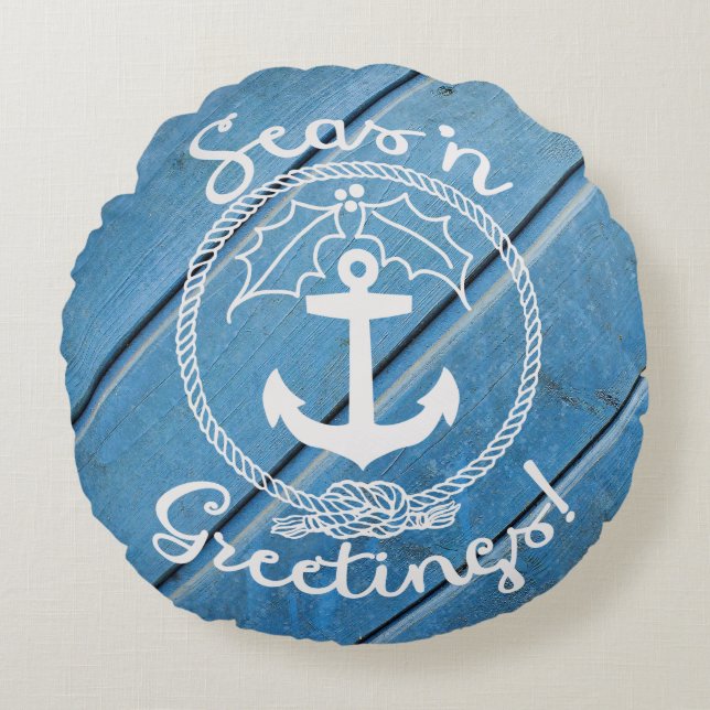 Blue Coastal Wood | Seas 'n Greetings Round Pillow (Front)
