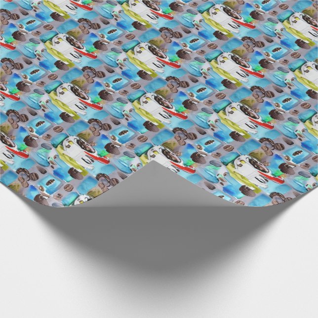 Blue Coffee Cups Watercolor Pattern Wrapping Paper (Corner)
