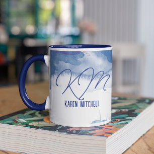 Blue Coffee Mug Monogrammed Watercolor Bluish