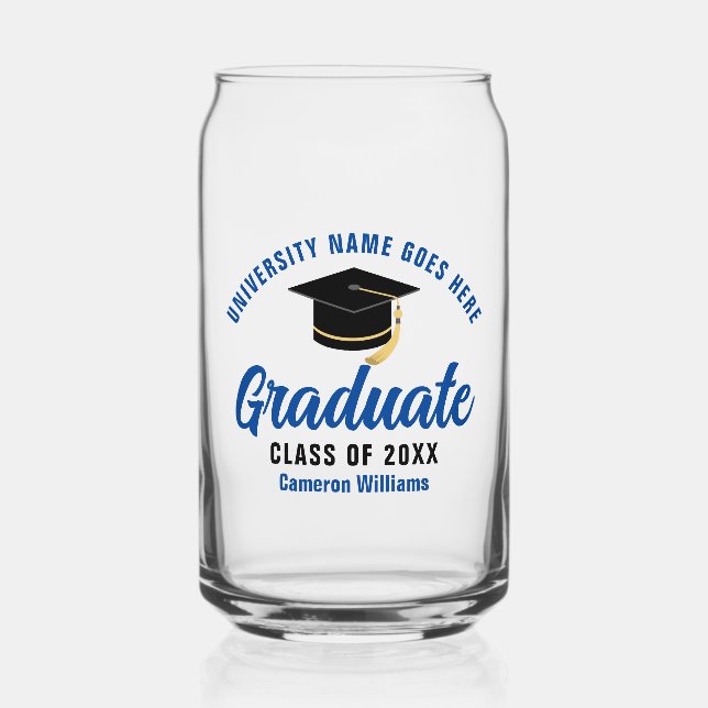 Blue College Graduation Personalized Graduate Name Can Glass (Front)