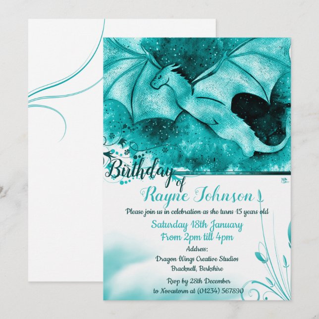 Blue Color Burst Dragon Invitations (Front/Back)