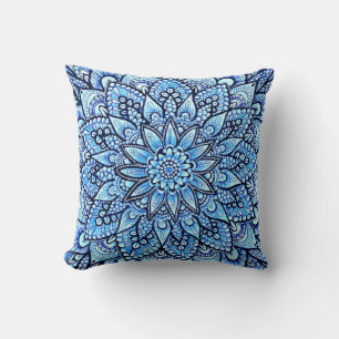 Blue Color Pencil Hand Drawn Mandala Design Throw Pillow