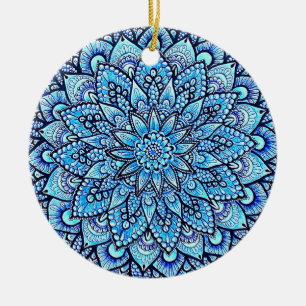 Blue Color Pencil Mandala Design Art Ceramic Ornament