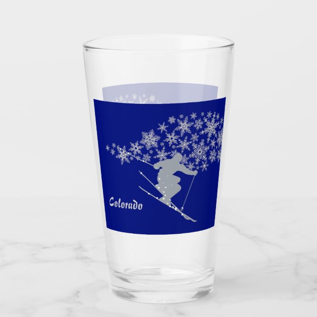 Blue Colorado Snowflake Snow Skier Glass (Front)