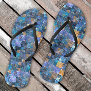 Blue Colorful Checkered Mosaic Flip Flops
