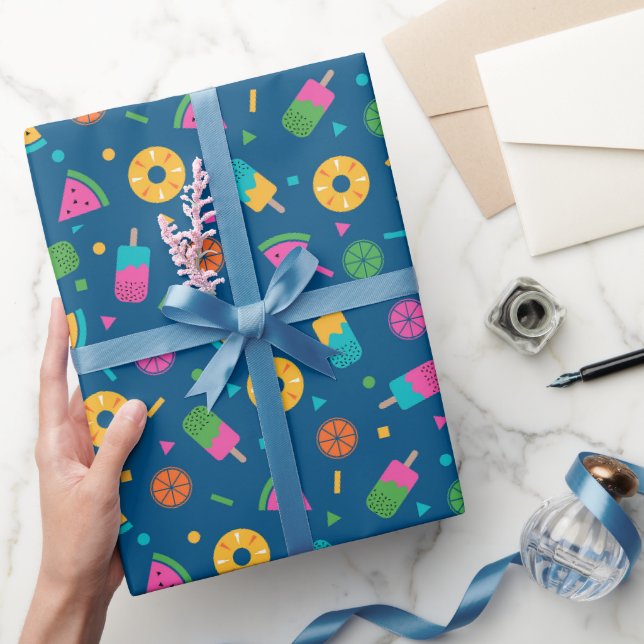 Blue colorful summer ice-cream pattern wrapping paper (Gifting)