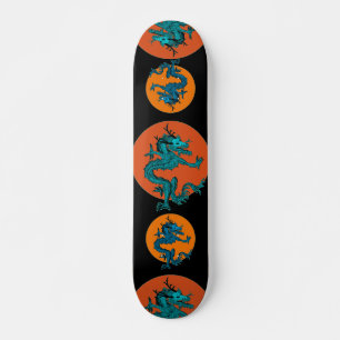 Blue Colorful Traditional Chinese Dragon in Moon Skateboard