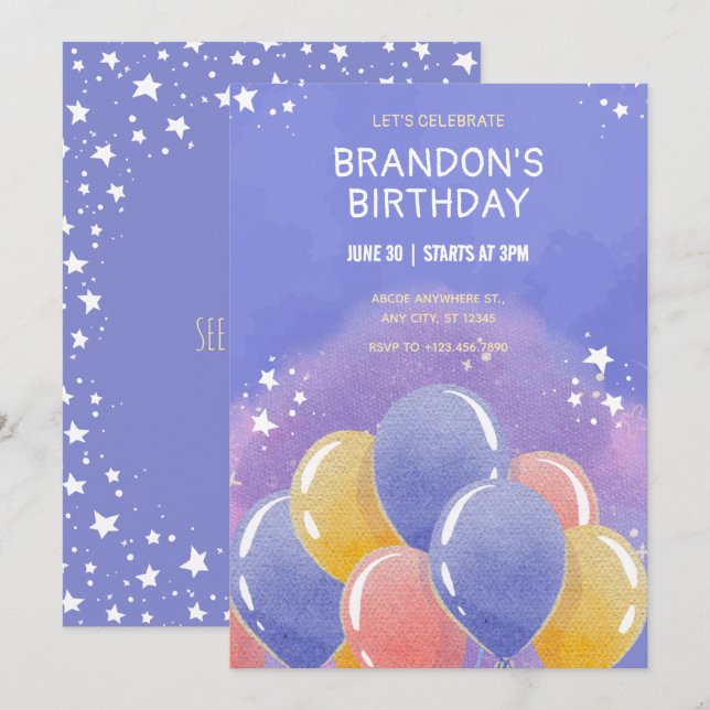 Blue colorfull balloons birthday  invitation (Front/Back)