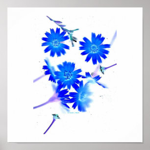 Blue colorized wild flowers scattered design poster