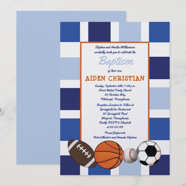 Blue Colour Block Sports Boy Baptism Invitation (Front/Back)