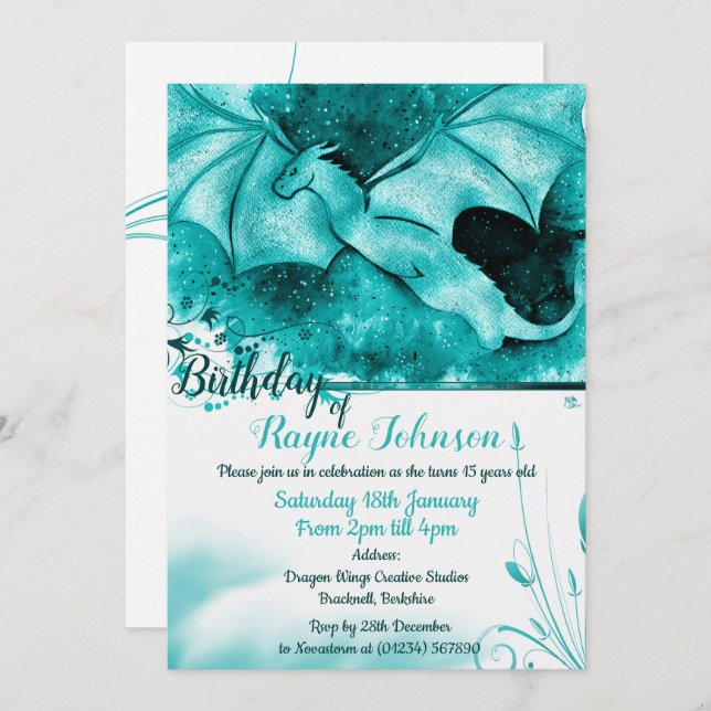Blue Colour Burst Dragon Invitations (Front/Back)