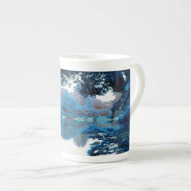 Blue colour effected cool, unique nature, lake bone china mug (Front Right)