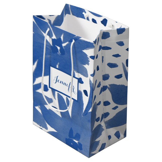 Blue Colour Personalized Floral Design Gift Bag (Front Angled)