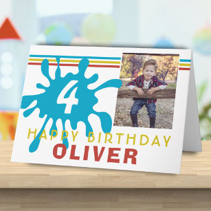 Blue Colour Splash 3 Photo Birthday Card for Kids