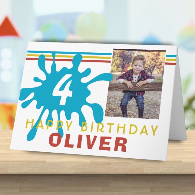 Blue Colour Splash 3 Photo Birthday Card for Kids (Creator Uploaded)