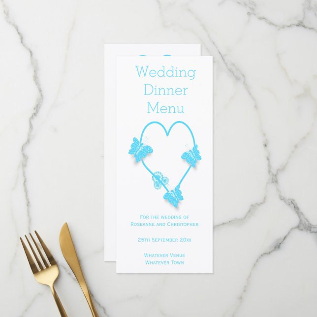 Blue Coloured Butterfly Heart Wedding Dinner Menu (Front/Back In Situ)