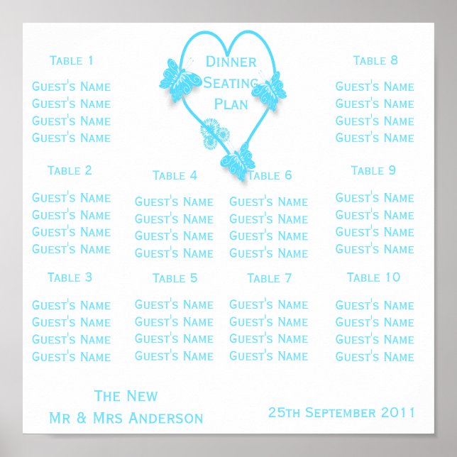 Blue Coloured Butterfly Heart Wedding Seating Poster (Front)