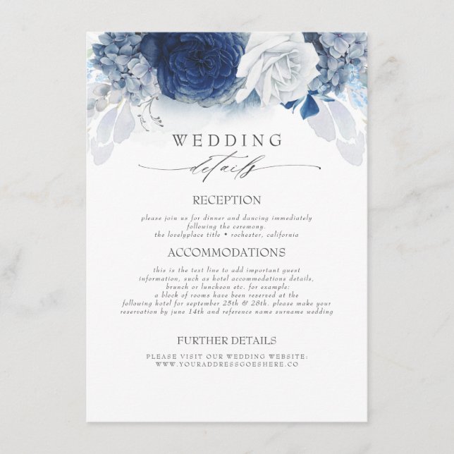 Blue Coloured Flowers Wedding Information Enclosure Card (Front)