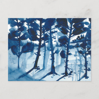 Blue coloured watercolor landscape, abstract tree holiday postcard