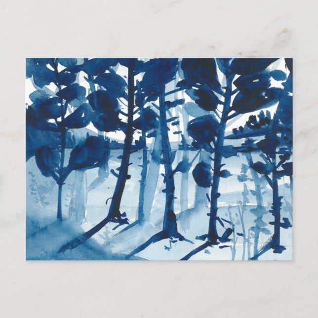 Blue coloured watercolor landscape, abstract tree holiday postcard (Front)