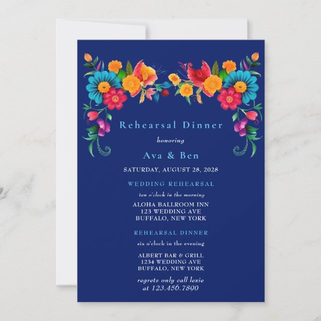 Blue & Colourful Fiesta Floral Rehearsal Dinner Invitation (Front)