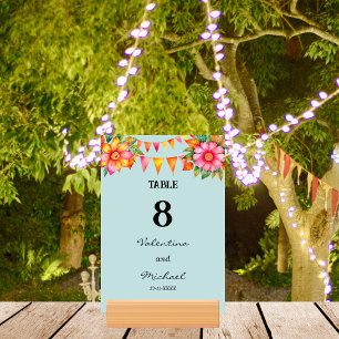 Blue Colourful Flowers Fiesta Mexican Wedding Table Number